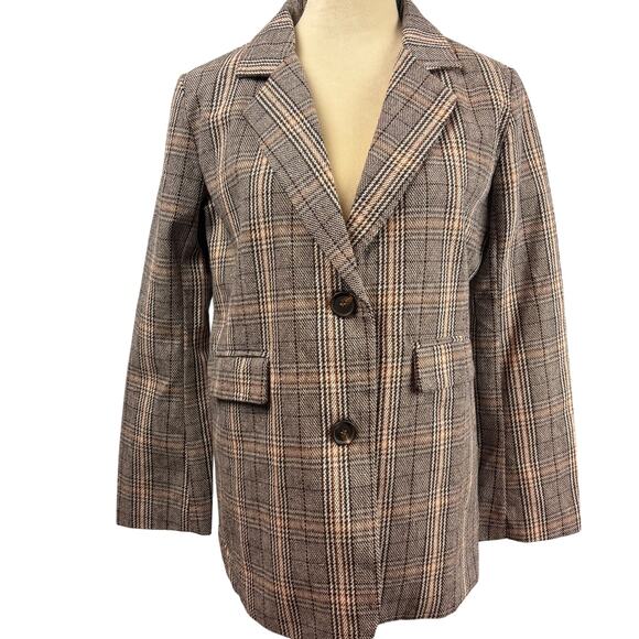 Plaid Tweed Long Blazer Jacket Collar Button Front Career Women's Med Academia - Picture 1 of 6